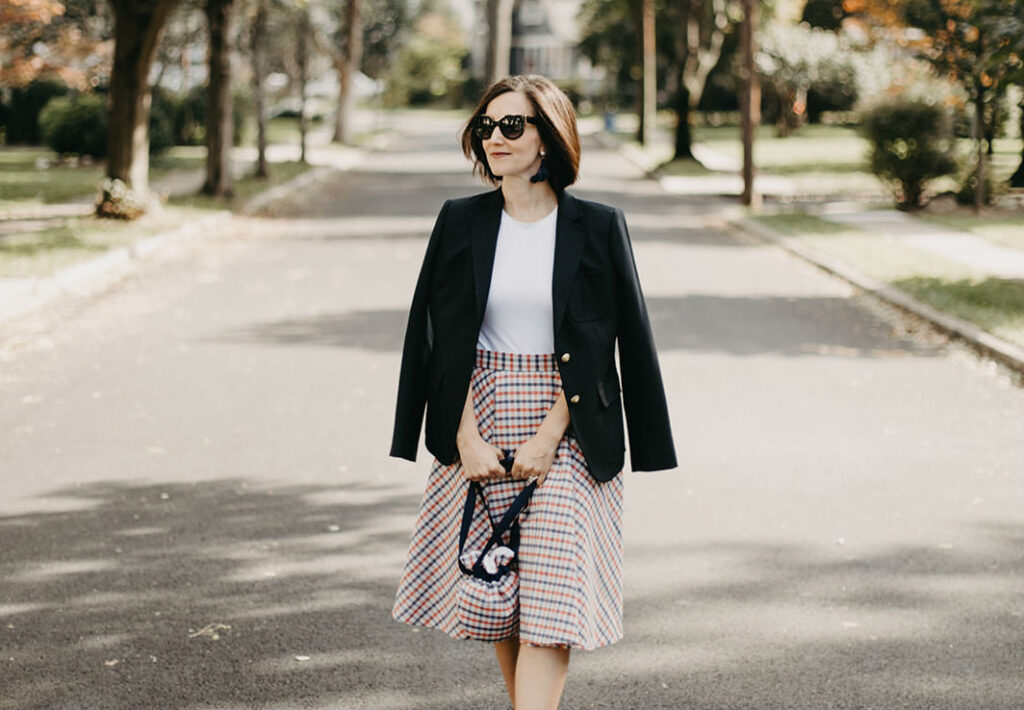 Navy and Orange Wool Plaid Skirt and Matching Drawstring Bag